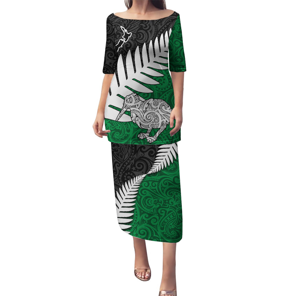 Aotearoa New Zealand Puletasi Silver Fern Kiwi Bird and NZ Map with Maori Tribal Green Style LT03 Long Dress Green - Polynesian Pride