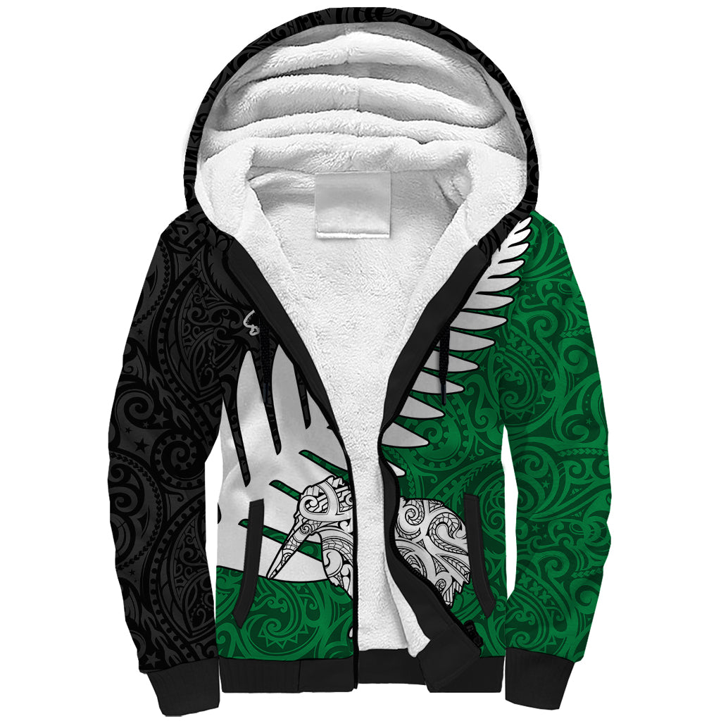 Aotearoa New Zealand Sherpa Hoodie Silver Fern Kiwi Bird and NZ Map with Maori Tribal Green Style LT03 Unisex Green - Polynesian Pride