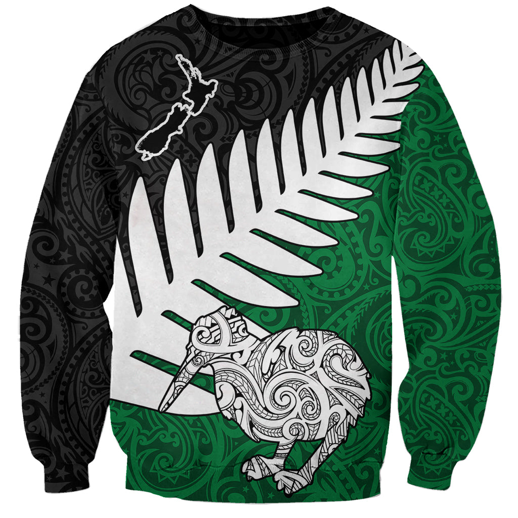 Aotearoa New Zealand Sweatshirt Silver Fern Kiwi Bird and NZ Map with Maori Tribal Green Style LT03 Unisex Green - Polynesian Pride