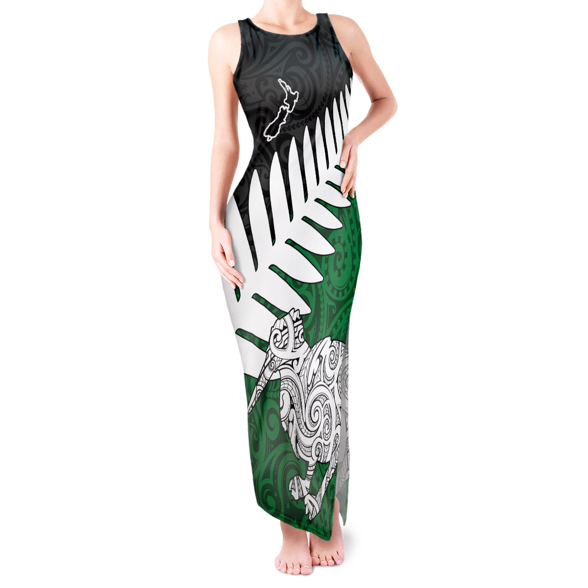 Aotearoa New Zealand Tank Maxi Dress Silver Fern Kiwi Bird and NZ Map with Maori Tribal Green Style LT03 Women Green - Polynesian Pride