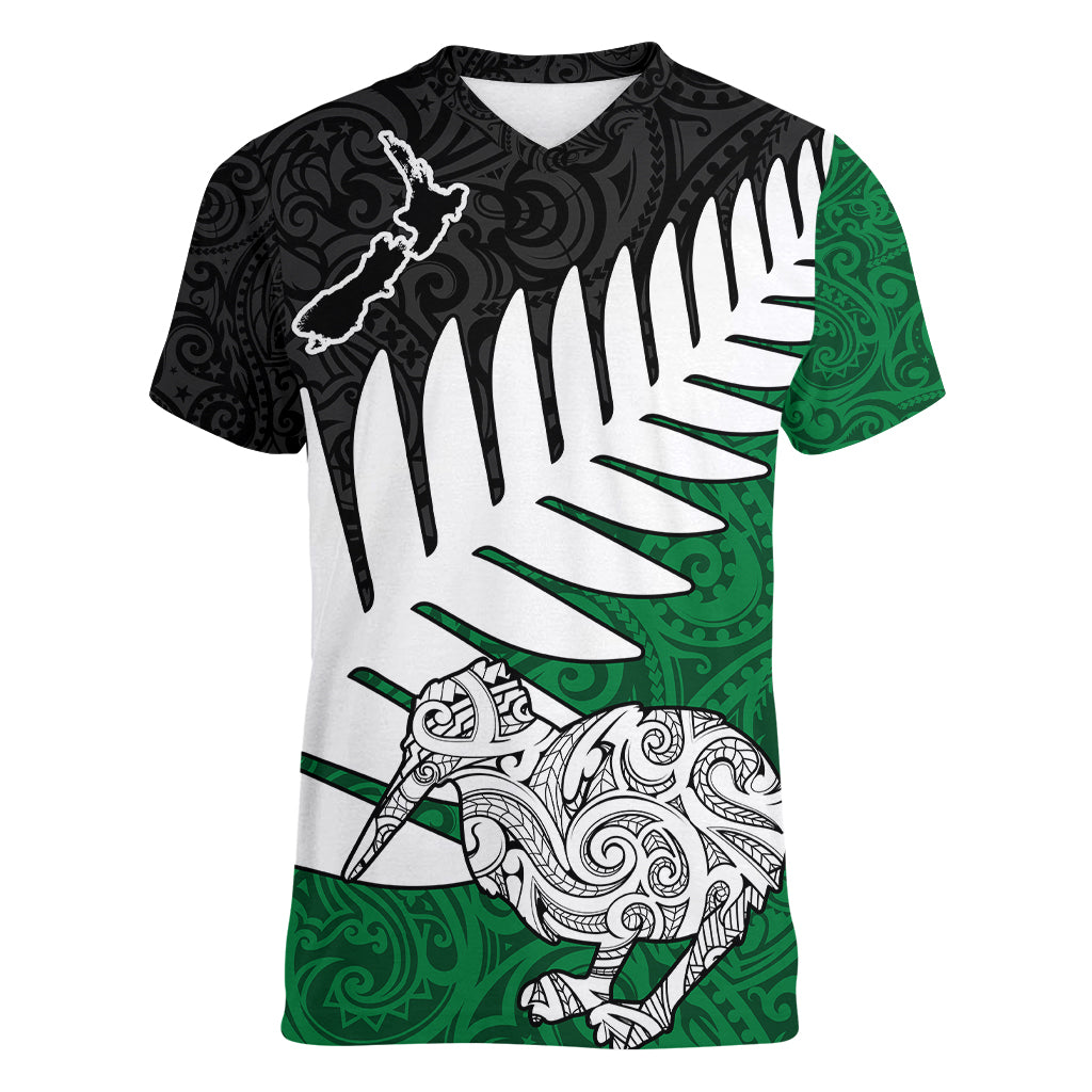 Aotearoa New Zealand Women V Neck T Shirt Silver Fern Kiwi Bird and NZ Map with Maori Tribal Green Style LT03 Female Green - Polynesian Pride