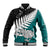 Aotearoa New Zealand Baseball Jacket Silver Fern Kiwi Bird and NZ Map with Maori Tribal Turquoise Style LT03 Unisex Turquoise - Polynesian Pride