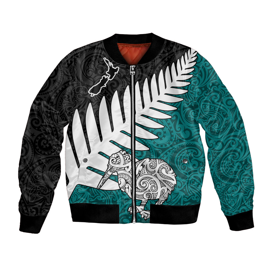 Aotearoa New Zealand Bomber Jacket Silver Fern Kiwi Bird and NZ Map with Maori Tribal Turquoise Style LT03 Unisex Turquoise - Polynesian Pride