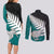 Aotearoa New Zealand Couples Matching Long Sleeve Bodycon Dress and Long Sleeve Button Shirts Silver Fern Kiwi Bird and NZ Map with Maori Tribal Turquoise Style LT03 - Polynesian Pride