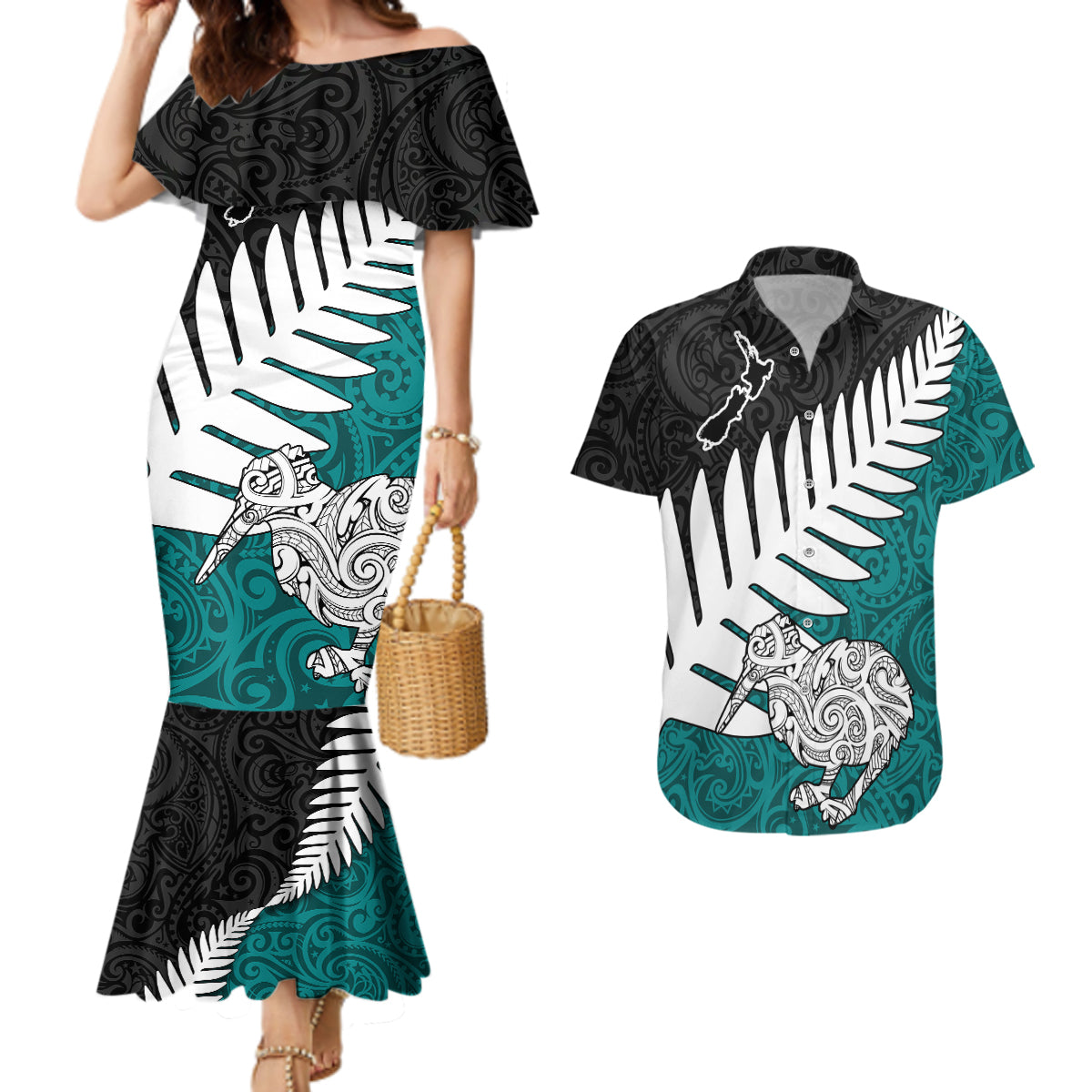 Aotearoa New Zealand Couples Matching Mermaid Dress and Hawaiian Shirt Silver Fern Kiwi Bird and NZ Map with Maori Tribal Turquoise Style LT03 Turquoise - Polynesian Pride