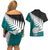 Aotearoa New Zealand Couples Matching Off Shoulder Short Dress and Hawaiian Shirt Silver Fern Kiwi Bird and NZ Map with Maori Tribal Turquoise Style LT03 - Polynesian Pride