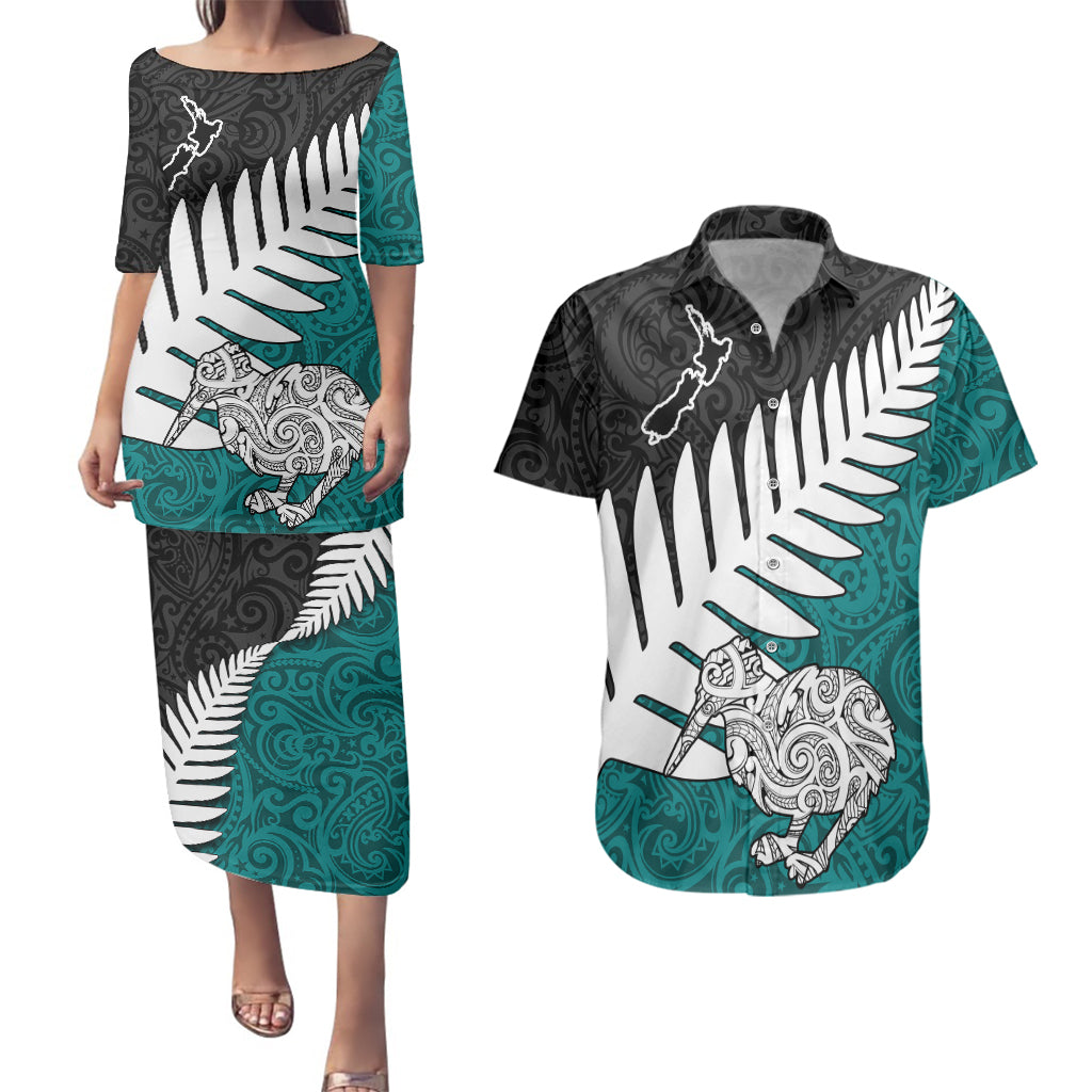 Aotearoa New Zealand Couples Matching Puletasi Dress and Hawaiian Shirt Silver Fern Kiwi Bird and NZ Map with Maori Tribal Turquoise Style LT03 Turquoise - Polynesian Pride