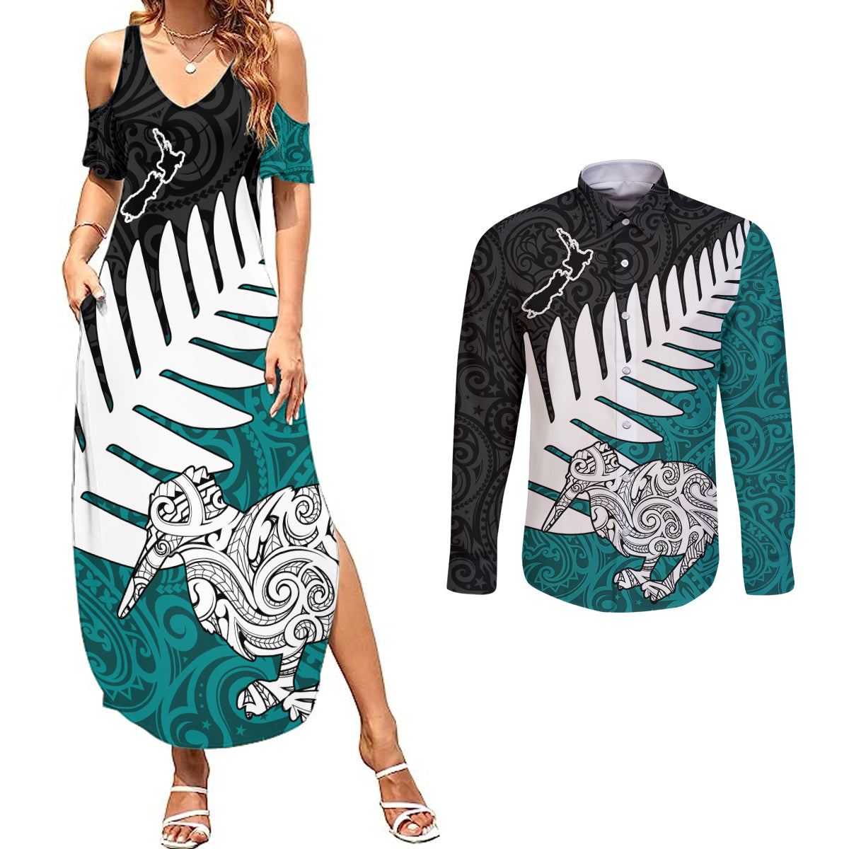 Aotearoa New Zealand Couples Matching Summer Maxi Dress and Long Sleeve Button Shirts Silver Fern Kiwi Bird and NZ Map with Maori Tribal Turquoise Style LT03 Turquoise - Polynesian Pride