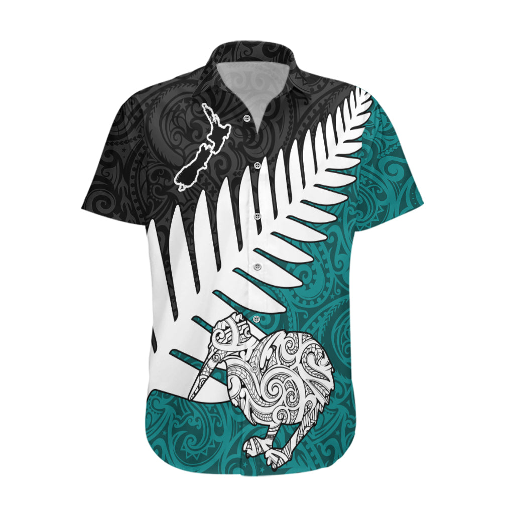 Aotearoa New Zealand Hawaiian Shirt Silver Fern Kiwi Bird and NZ Map with Maori Tribal Turquoise Style LT03 Turquoise - Polynesian Pride