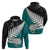 Aotearoa New Zealand Hoodie Silver Fern Kiwi Bird and NZ Map with Maori Tribal Turquoise Style LT03 - Polynesian Pride