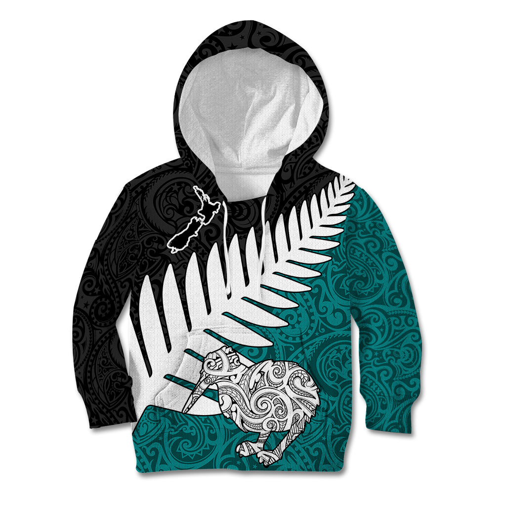 Aotearoa New Zealand Kid Hoodie Silver Fern Kiwi Bird and NZ Map with Maori Tribal Turquoise Style LT03 Turquoise - Polynesian Pride