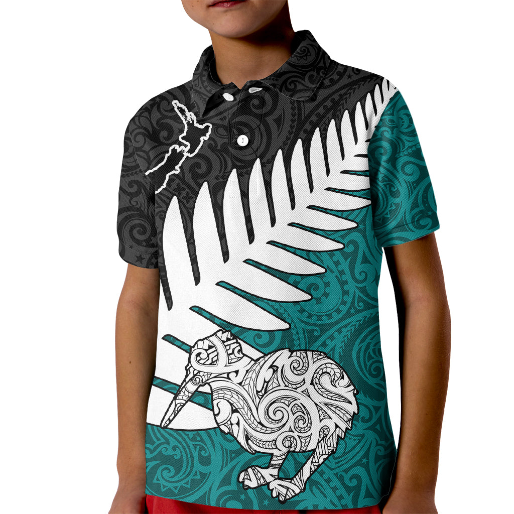 Aotearoa New Zealand Kid Polo Shirt Silver Fern Kiwi Bird and NZ Map with Maori Tribal Turquoise Style LT03 Kid Turquoise - Polynesian Pride