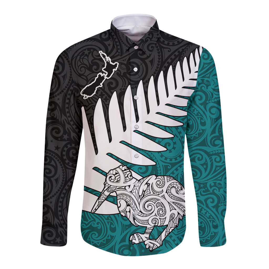 Aotearoa New Zealand Long Sleeve Button Shirt Silver Fern Kiwi Bird and NZ Map with Maori Tribal Turquoise Style LT03 Unisex Turquoise - Polynesian Pride