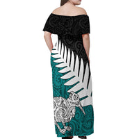 Aotearoa New Zealand Off Shoulder Maxi Dress Silver Fern Kiwi Bird and NZ Map with Maori Tribal Turquoise Style LT03 - Polynesian Pride