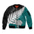 Aotearoa New Zealand Sleeve Zip Bomber Jacket Silver Fern Kiwi Bird and NZ Map with Maori Tribal Turquoise Style LT03 Unisex Turquoise - Polynesian Pride