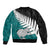 Aotearoa New Zealand Sleeve Zip Bomber Jacket Silver Fern Kiwi Bird and NZ Map with Maori Tribal Turquoise Style LT03 - Polynesian Pride