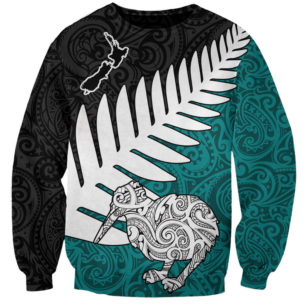 Aotearoa New Zealand Sweatshirt Silver Fern Kiwi Bird and NZ Map with Maori Tribal Turquoise Style LT03 Unisex Turquoise - Polynesian Pride