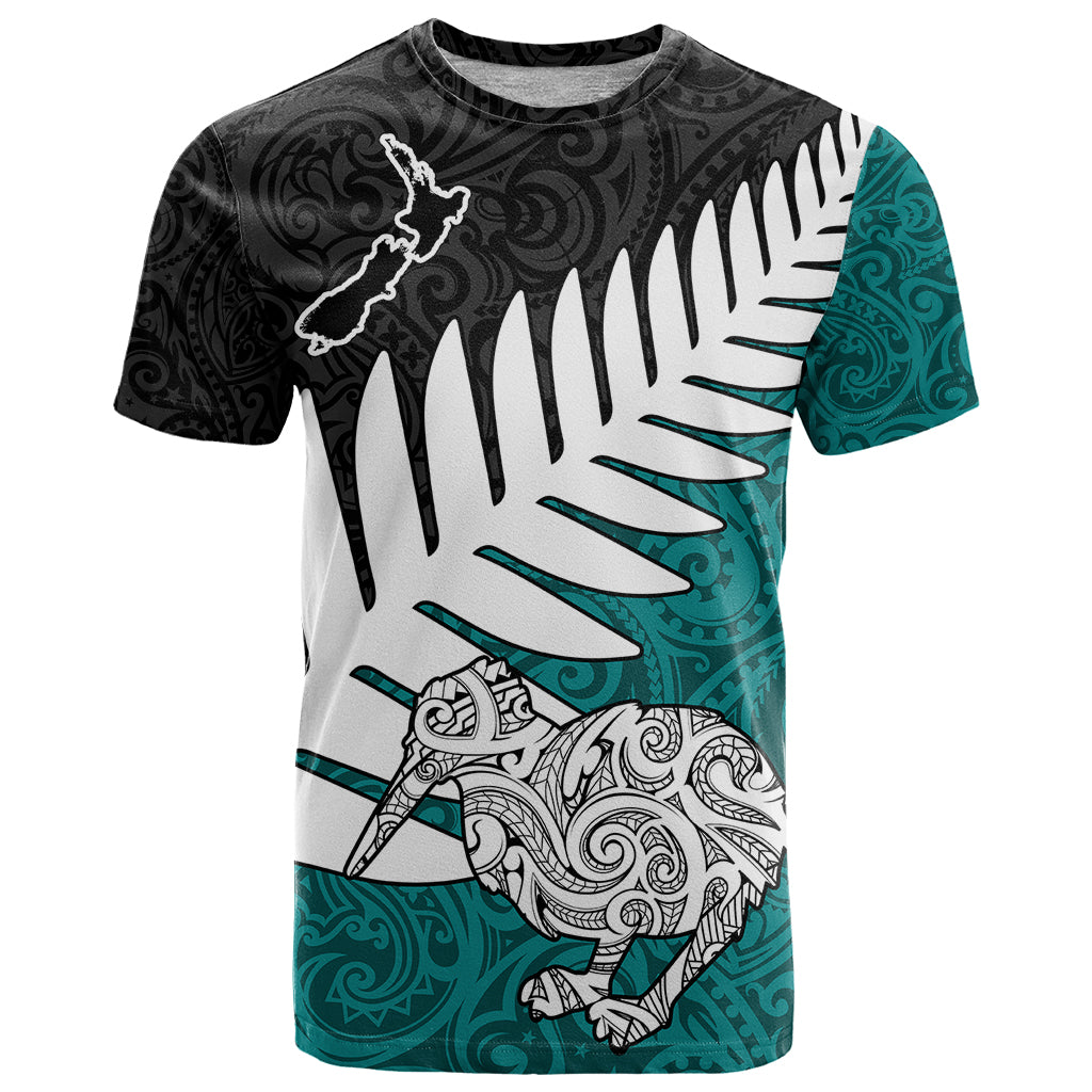 Aotearoa New Zealand T Shirt Silver Fern Kiwi Bird and NZ Map with Maori Tribal Turquoise Style LT03 Turquoise - Polynesian Pride