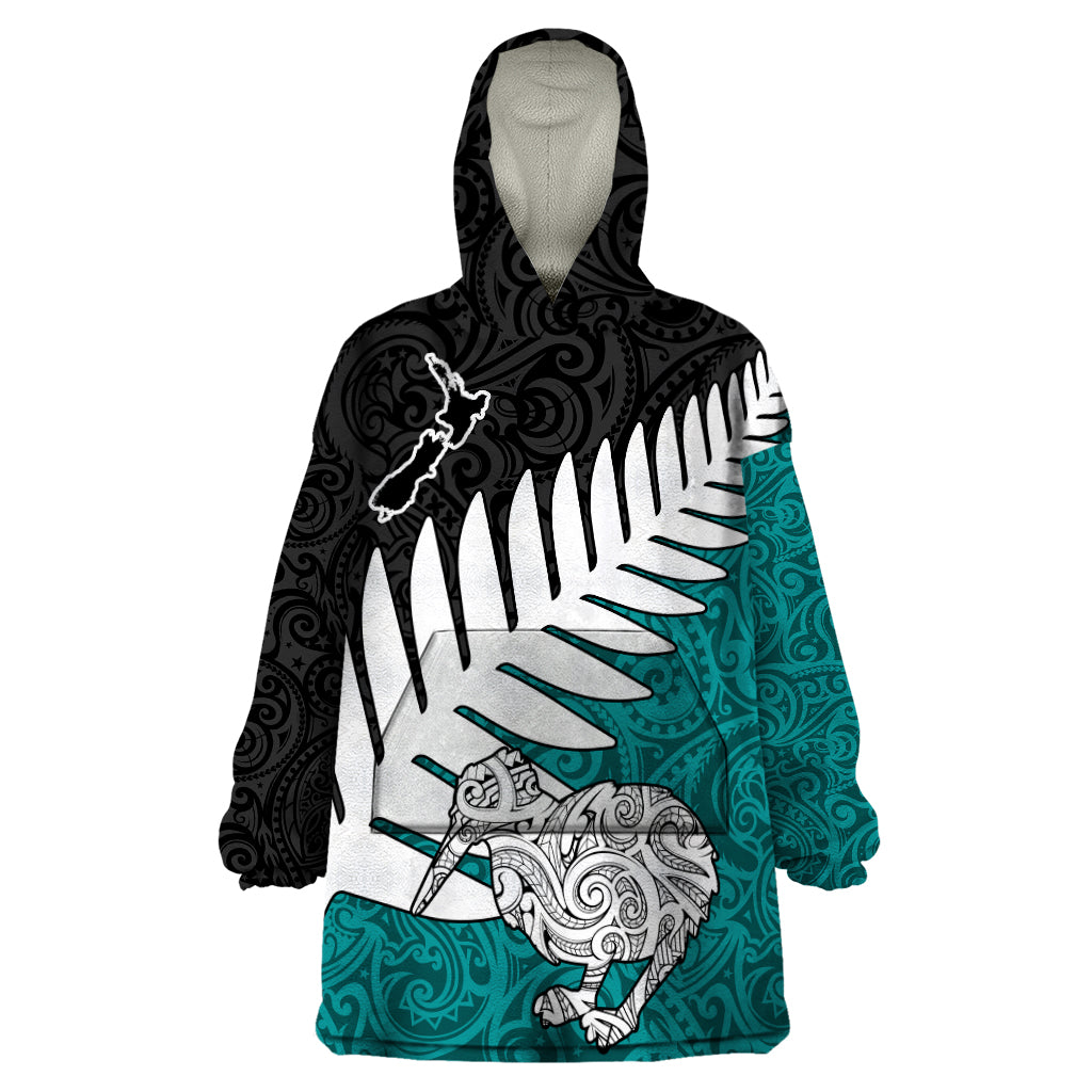 Aotearoa New Zealand Wearable Blanket Hoodie Silver Fern Kiwi Bird and NZ Map with Maori Tribal Turquoise Style LT03 One Size Turquoise - Polynesian Pride