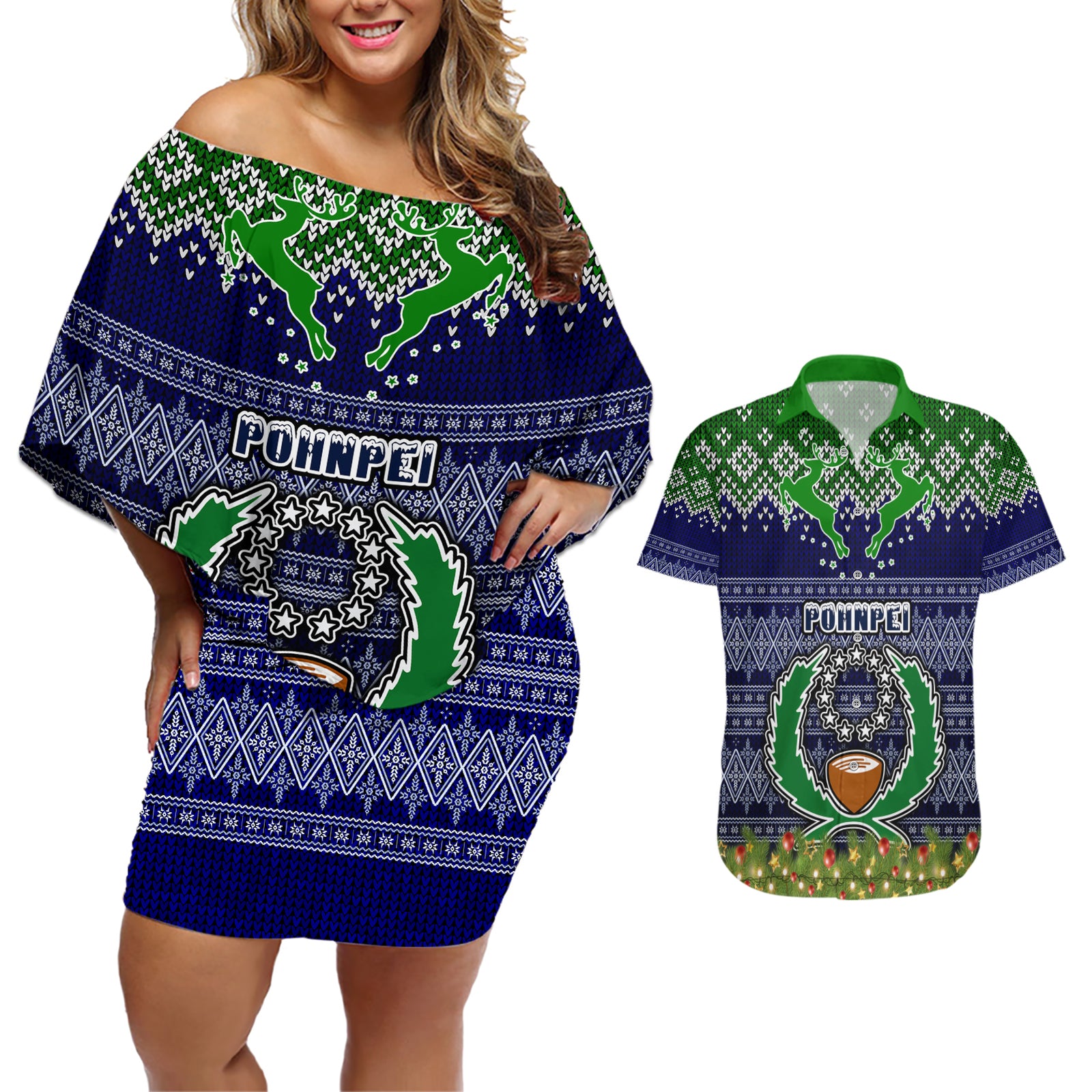 pohnpei-state-christmas-couples-matching-off-shoulder-short-dress-and-hawaiian-shirt-coat-of-arms-beautiful-merry-xmas-snowflake
