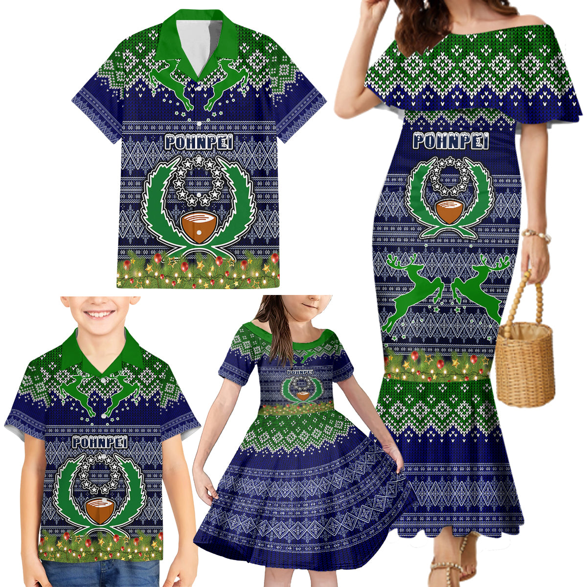 Pohnpei State Christmas Family Matching Mermaid Dress and Hawaiian Shirt Coat of Arms Beautiful Merry Xmas Snowflake LT03 - Polynesian Pride