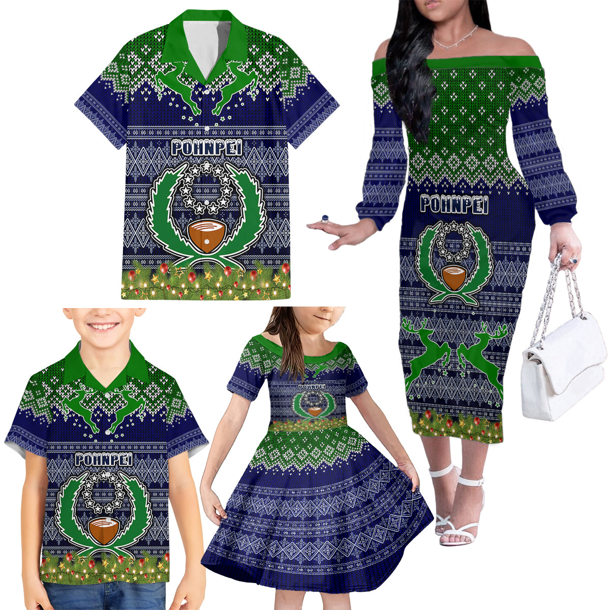 pohnpei-state-christmas-family-matching-off-shoulder-long-sleeve-dress-and-hawaiian-shirt-coat-of-arms-beautiful-merry-xmas-snowflake