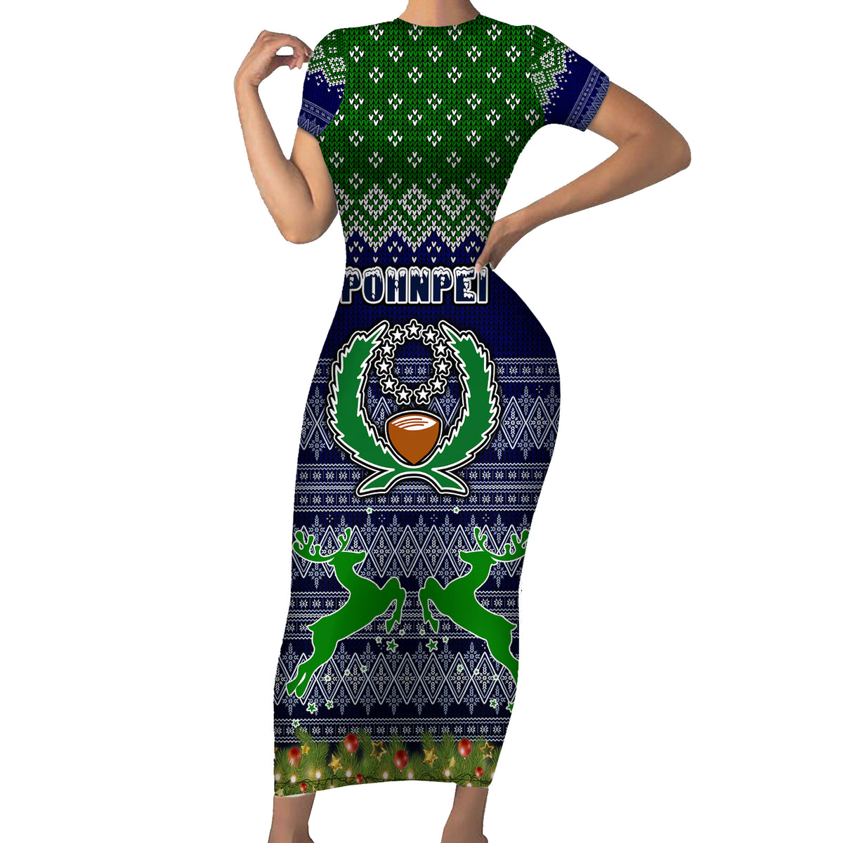 Pohnpei State Christmas Family Matching Short Sleeve Bodycon Dress and Hawaiian Shirt Coat of Arms Beautiful Merry Xmas Snowflake LT03 Mom's Dress Blue - Polynesian Pride