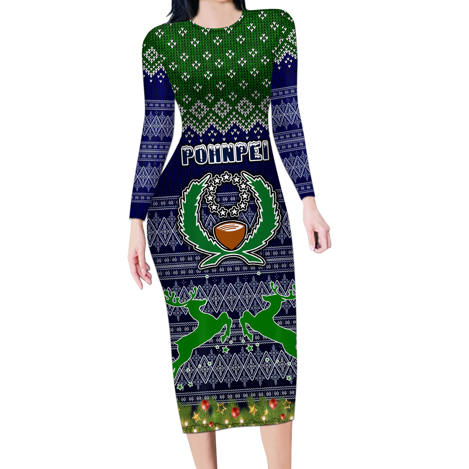 pohnpei-state-christmas-long-sleeve-bodycon-dress-coat-of-arms-beautiful-merry-xmas-snowflake