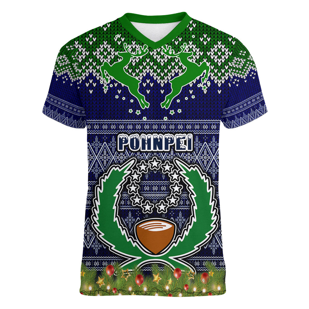 pohnpei-state-christmas-women-v-neck-t-shirt-coat-of-arms-beautiful-merry-xmas-snowflake