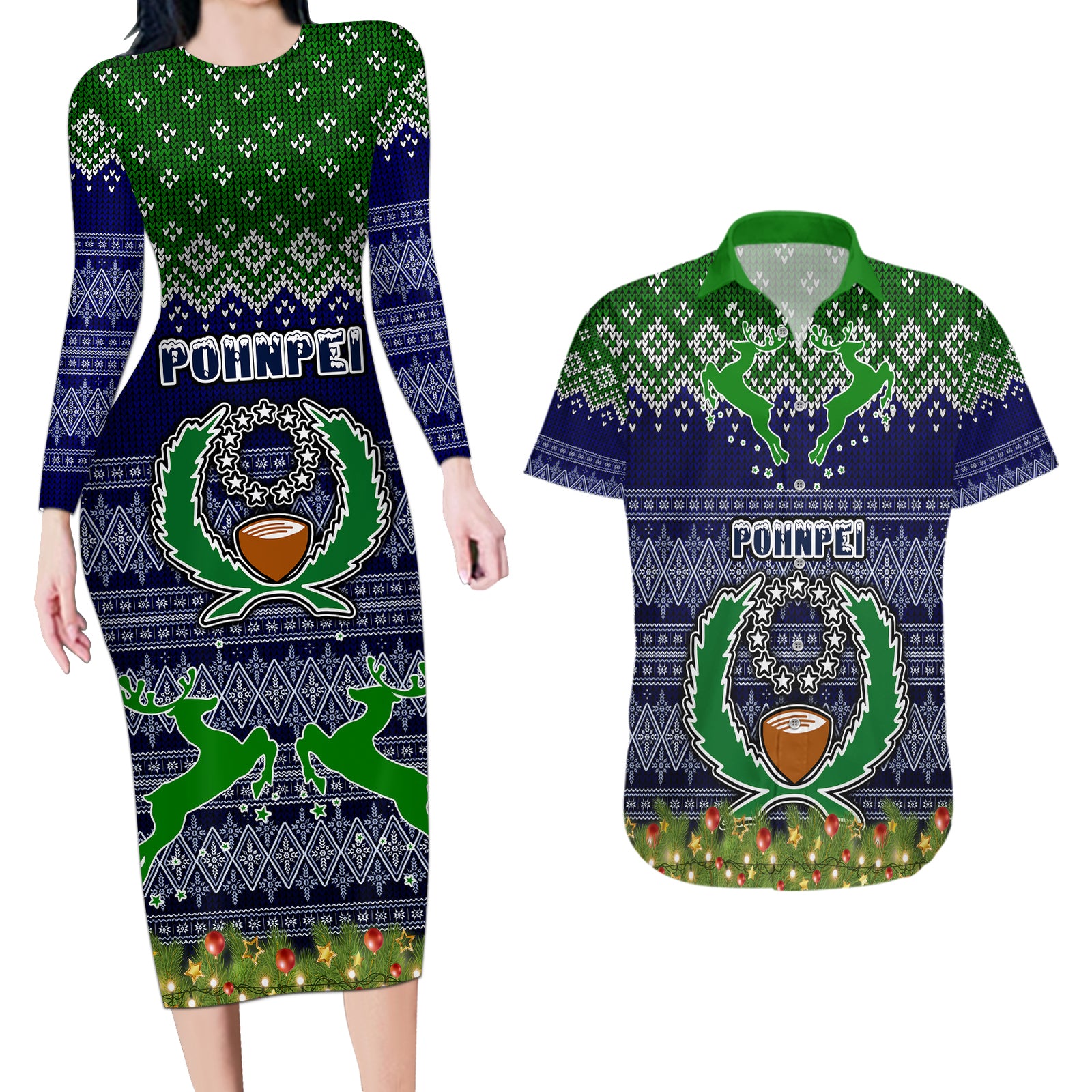 Personalised Pohnpei State Christmas Couples Matching Long Sleeve Bodycon Dress and Hawaiian Shirt Coat of Arms Beautiful Merry Xmas Snowflake LT03 Blue - Polynesian Pride