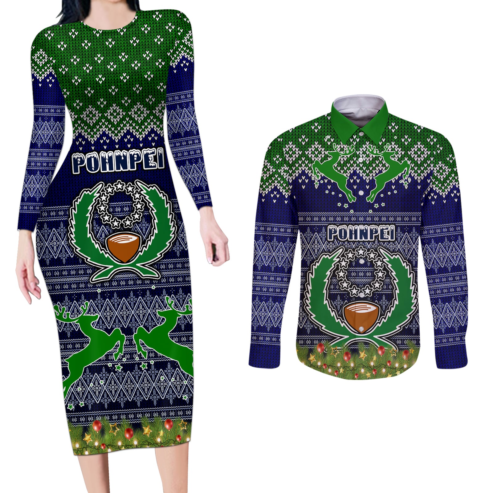 Personalised Pohnpei State Christmas Couples Matching Long Sleeve Bodycon Dress and Long Sleeve Button Shirts Coat of Arms Beautiful Merry Xmas Snowflake LT03 Blue - Polynesian Pride