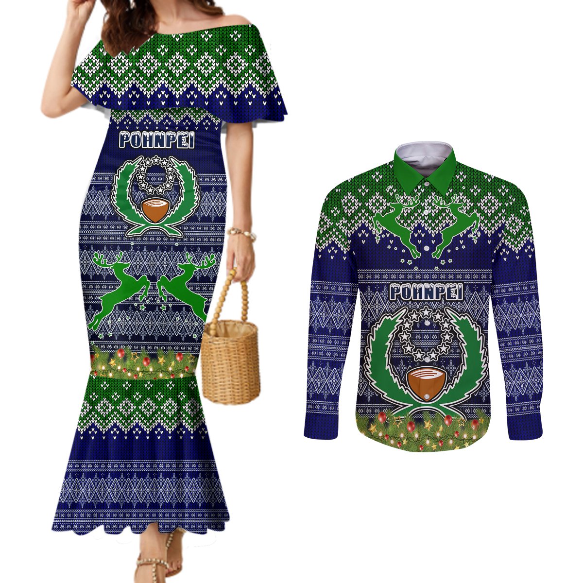 personalised-pohnpei-state-christmas-couples-matching-mermaid-dress-and-long-sleeve-button-shirts-coat-of-arms-beautiful-merry-xmas-snowflake
