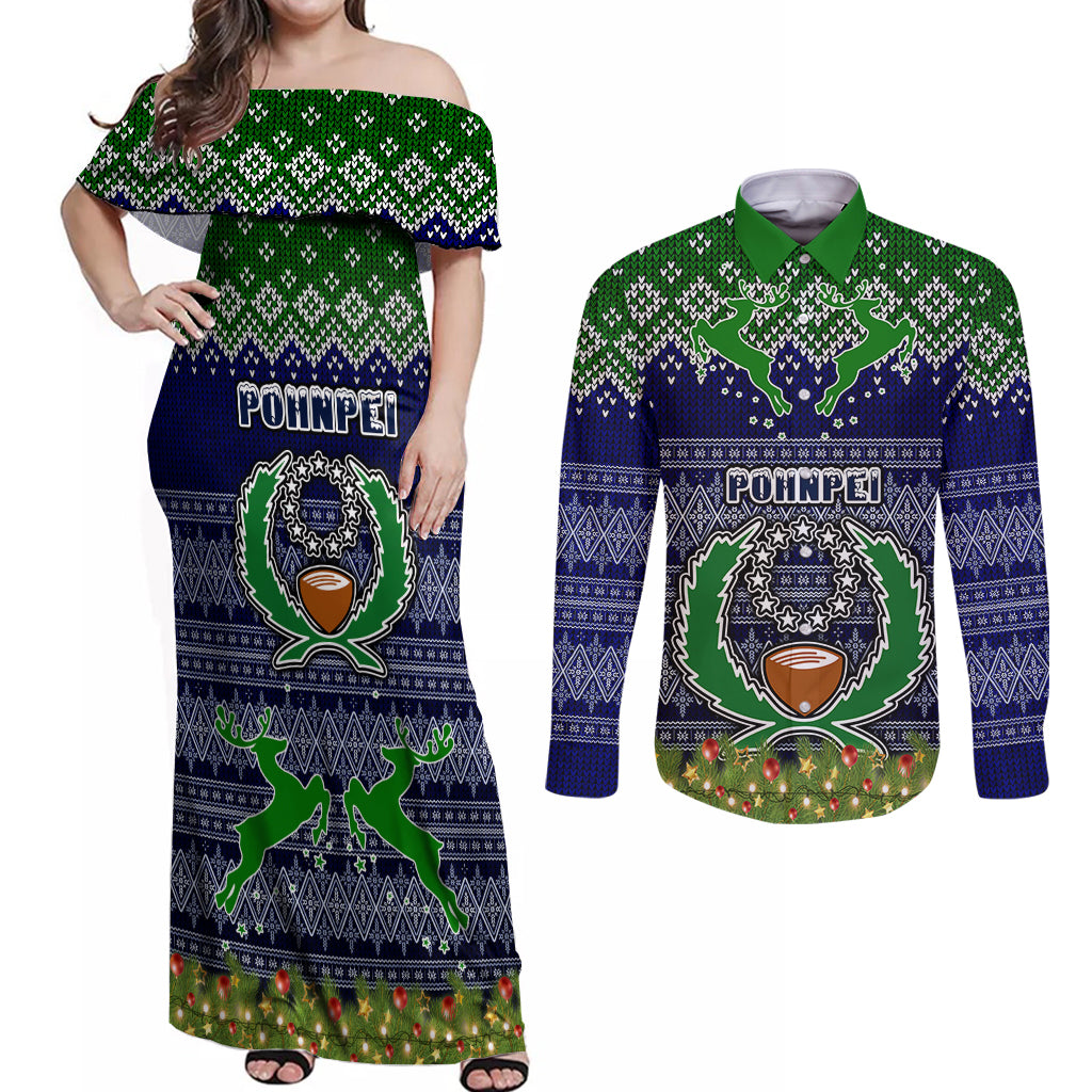 Personalised Pohnpei State Christmas Couples Matching Off Shoulder Maxi Dress and Long Sleeve Button Shirts Coat of Arms Beautiful Merry Xmas Snowflake LT03 Blue - Polynesian Pride
