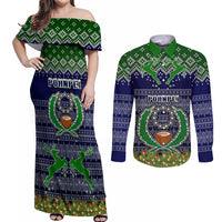 Personalised Pohnpei State Christmas Couples Matching Off Shoulder Maxi Dress and Long Sleeve Button Shirts Coat of Arms Beautiful Merry Xmas Snowflake LT03 Blue - Polynesian Pride