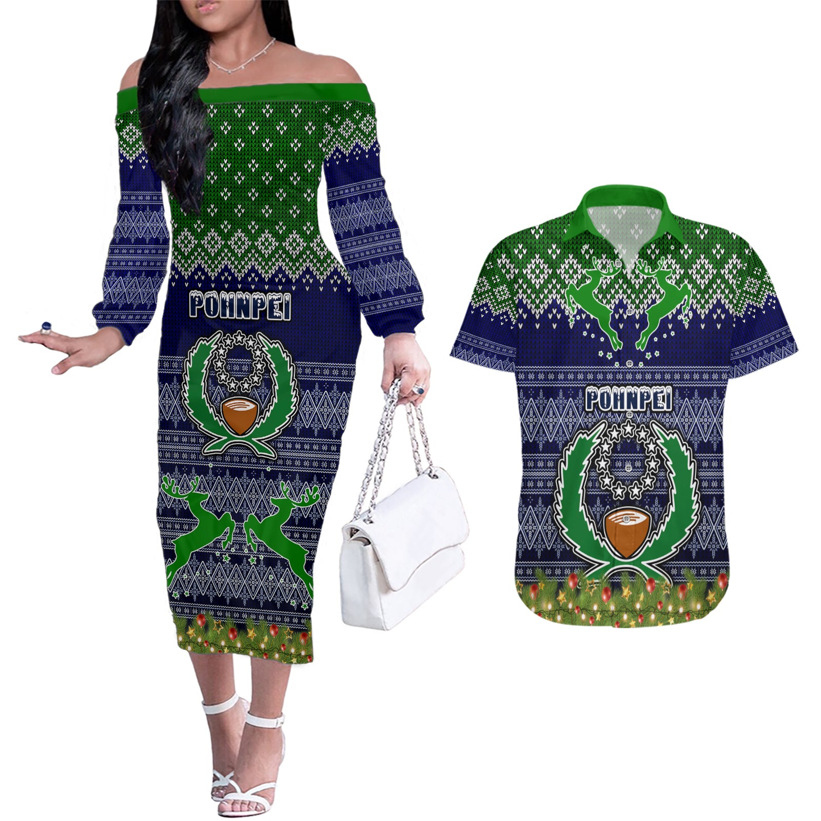 Personalised Pohnpei State Christmas Couples Matching Off The Shoulder Long Sleeve Dress and Hawaiian Shirt Coat of Arms Beautiful Merry Xmas Snowflake LT03 Blue - Polynesian Pride