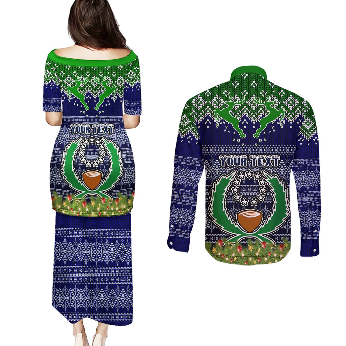 personalised-pohnpei-state-christmas-couples-matching-puletasi-dress-and-long-sleeve-button-shirts-coat-of-arms-beautiful-merry-xmas-snowflake