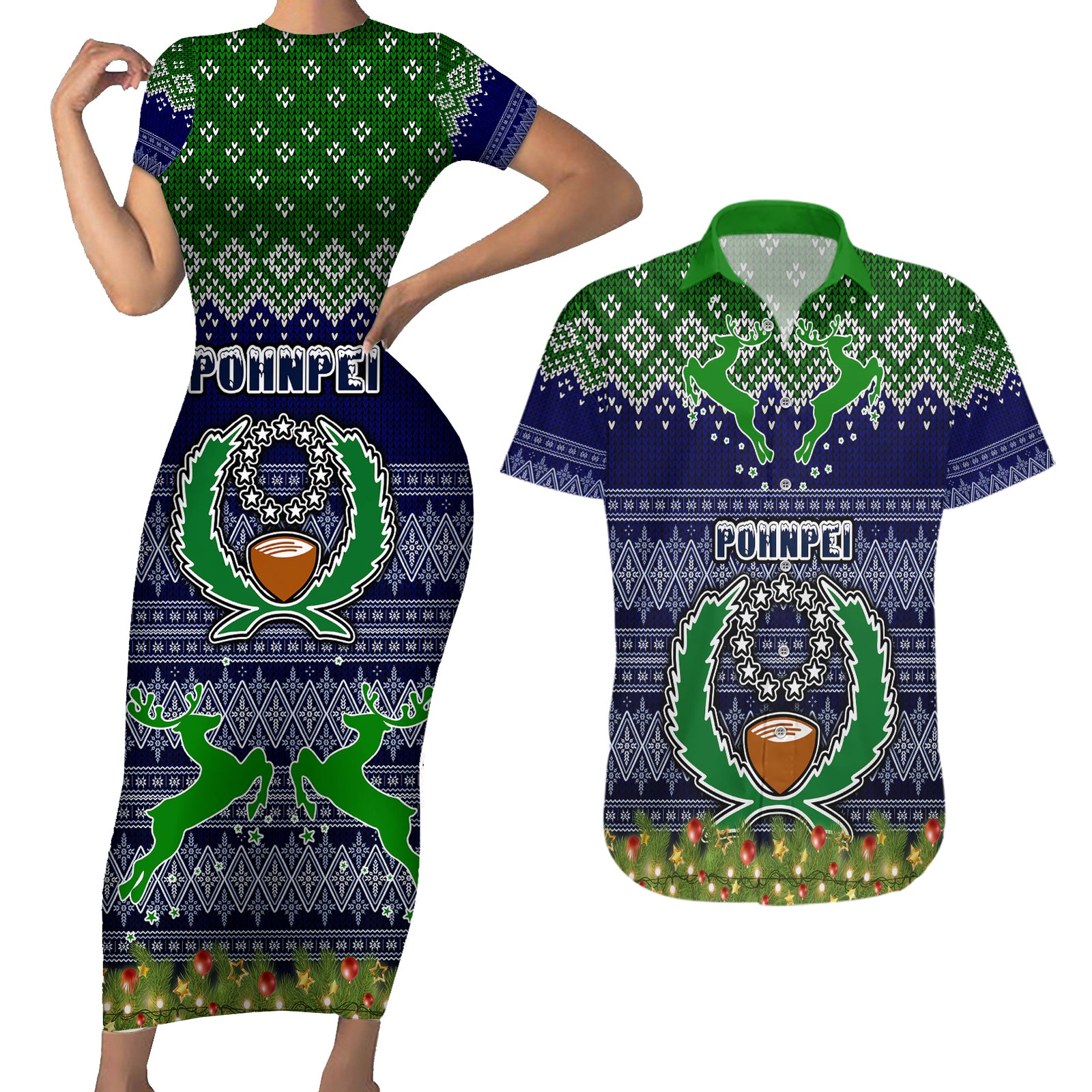 Personalised Pohnpei State Christmas Couples Matching Short Sleeve Bodycon Dress and Hawaiian Shirt Coat of Arms Beautiful Merry Xmas Snowflake LT03 Blue - Polynesian Pride