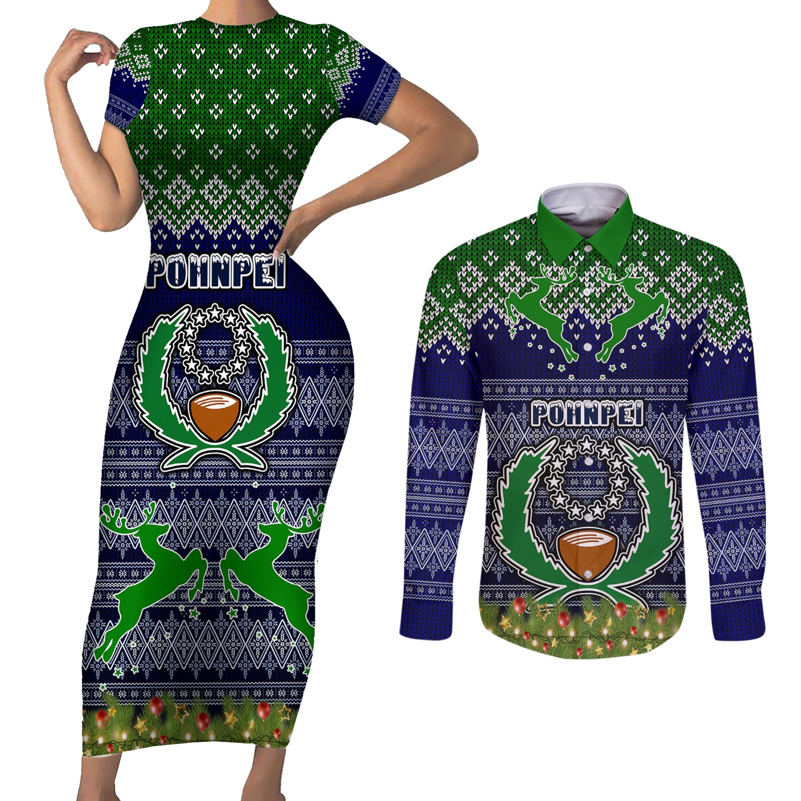 Personalised Pohnpei State Christmas Couples Matching Short Sleeve Bodycon Dress and Long Sleeve Button Shirts Coat of Arms Beautiful Merry Xmas Snowflake LT03 Blue - Polynesian Pride