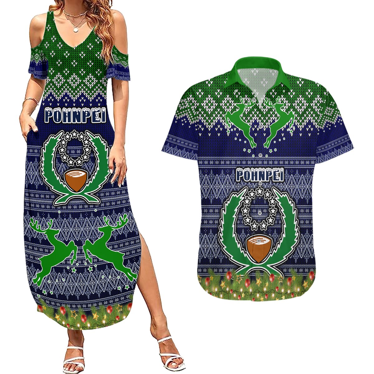 personalised-pohnpei-state-christmas-couples-matching-summer-maxi-dress-and-hawaiian-shirt-coat-of-arms-beautiful-merry-xmas-snowflake