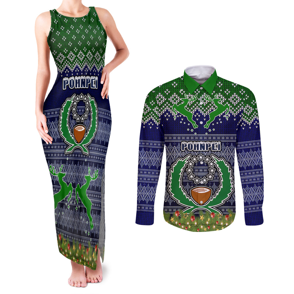 Personalised Pohnpei State Christmas Couples Matching Tank Maxi Dress and Long Sleeve Button Shirts Coat of Arms Beautiful Merry Xmas Snowflake LT03 Blue - Polynesian Pride