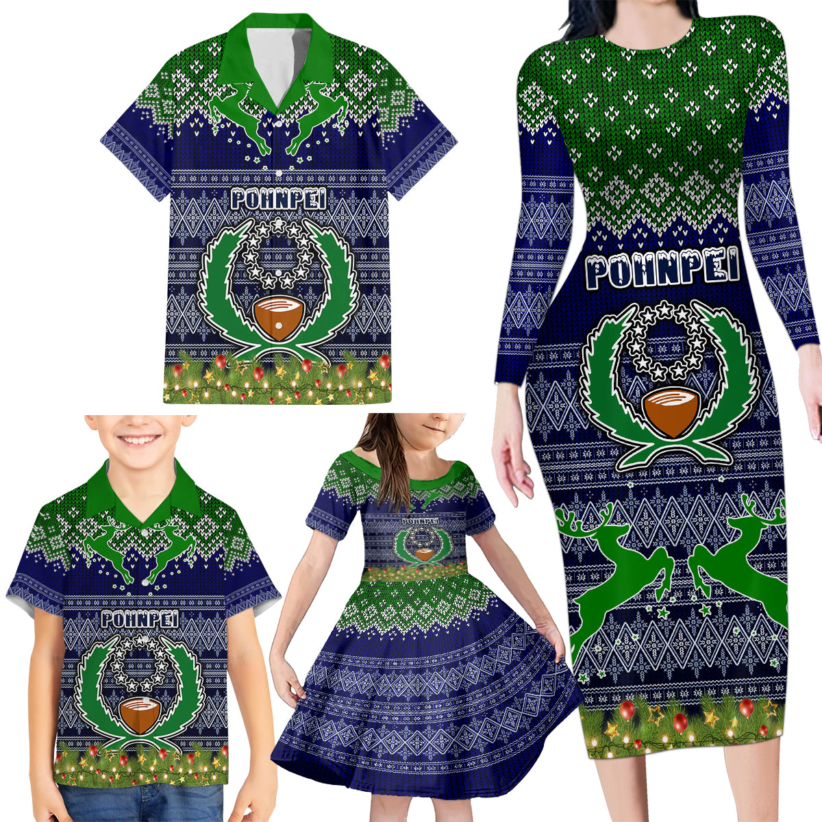 personalised-pohnpei-state-christmas-family-matching-long-sleeve-bodycon-dress-and-hawaiian-shirt-coat-of-arms-beautiful-merry-xmas-snowflake