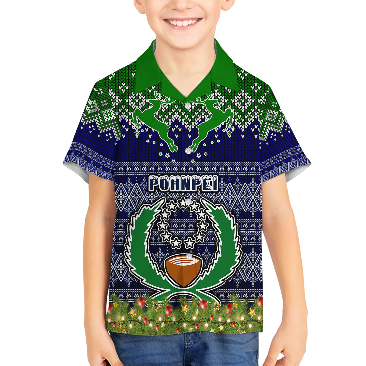 personalised-pohnpei-state-christmas-family-matching-long-sleeve-bodycon-dress-and-hawaiian-shirt-coat-of-arms-beautiful-merry-xmas-snowflake