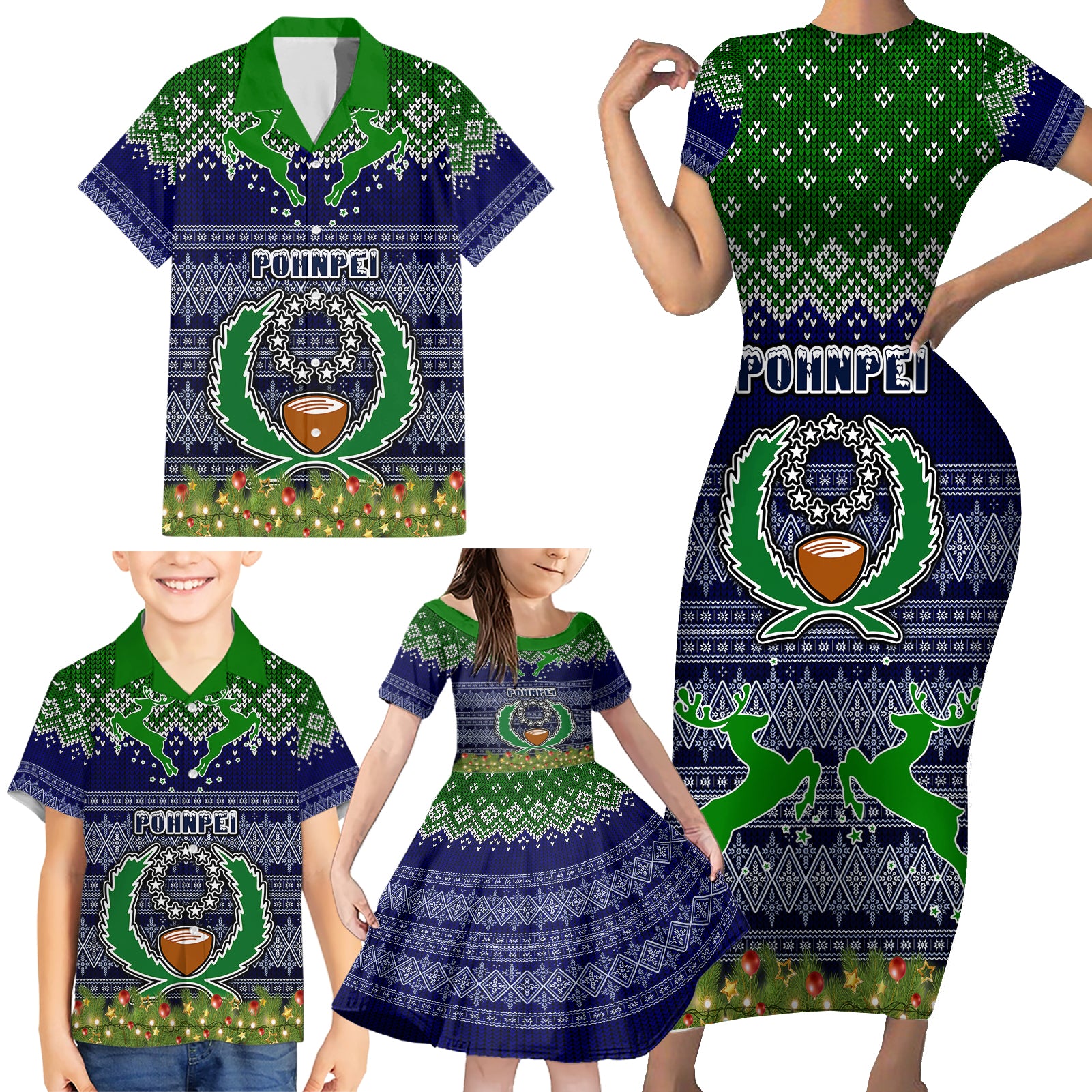 personalised-pohnpei-state-christmas-family-matching-short-sleeve-bodycon-dress-and-hawaiian-shirt-coat-of-arms-beautiful-merry-xmas-snowflake