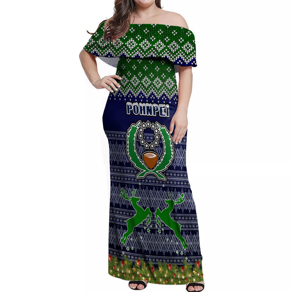 Personalised Pohnpei State Christmas Off Shoulder Maxi Dress Coat of Arms Beautiful Merry Xmas Snowflake LT03 Women Blue - Polynesian Pride