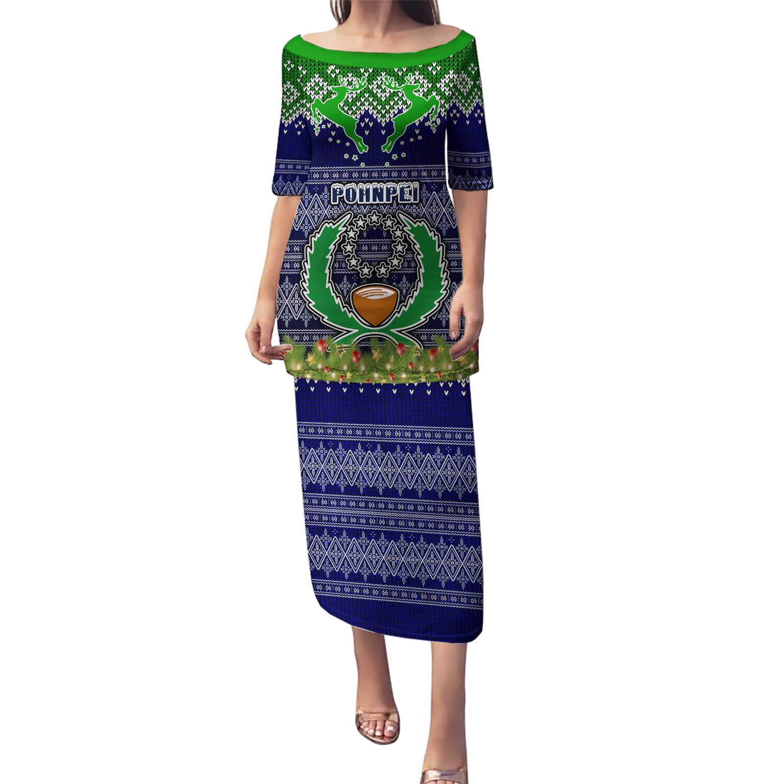 Personalised Pohnpei State Christmas Puletasi Coat of Arms Beautiful Merry Xmas Snowflake LT03 Long Dress Blue - Polynesian Pride