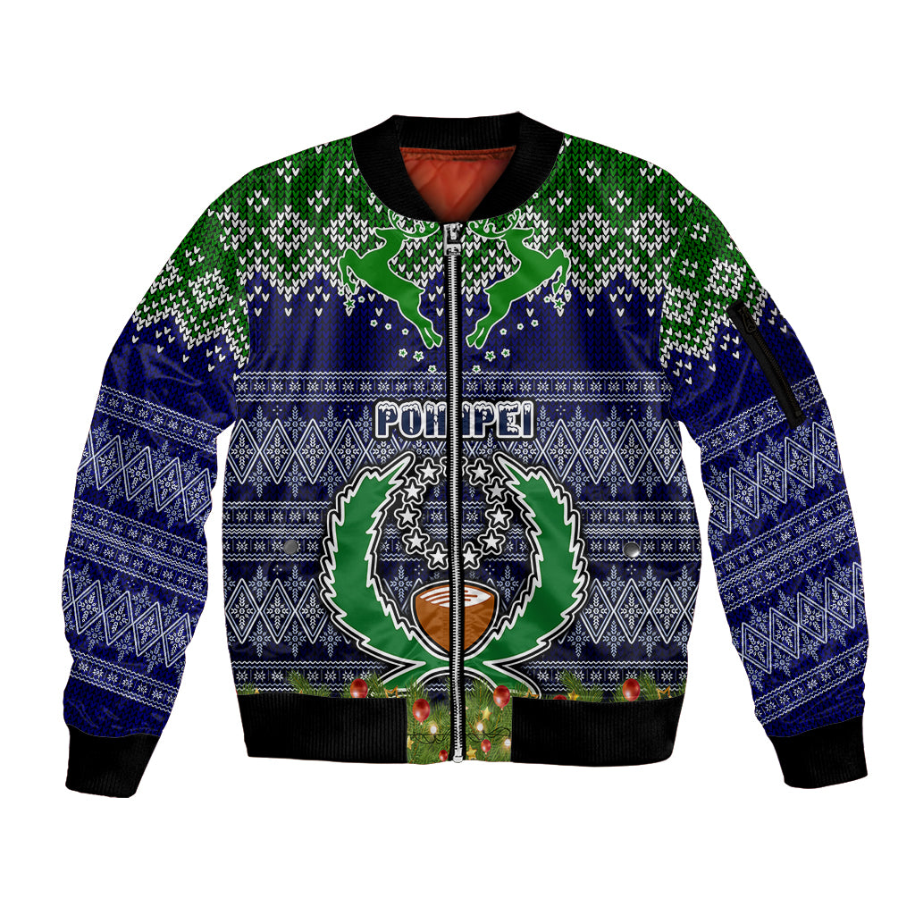 Personalised Pohnpei State Christmas Sleeve Zip Bomber Jacket Coat of Arms Beautiful Merry Xmas Snowflake LT03 Unisex Blue - Polynesian Pride