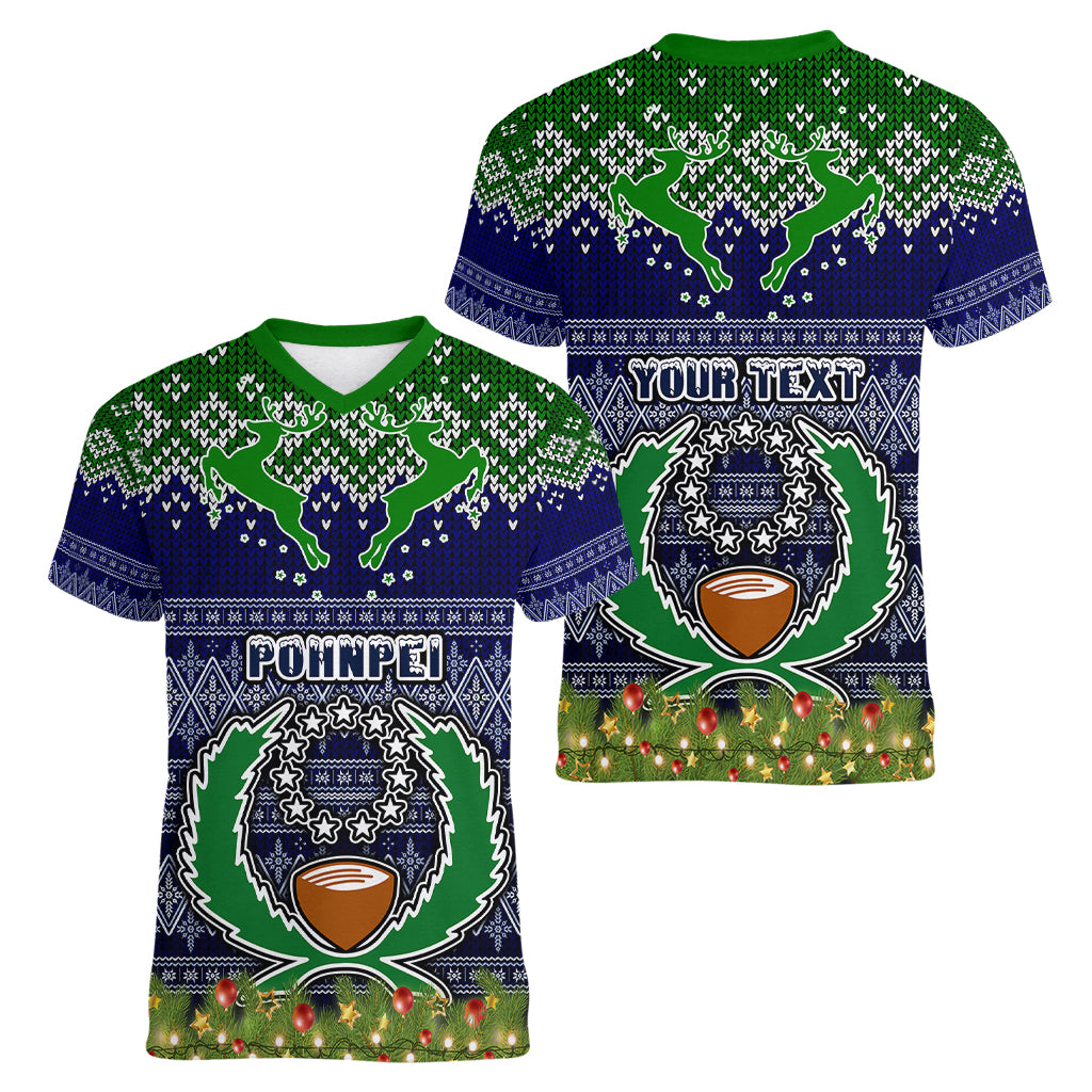 personalised-pohnpei-state-christmas-women-v-neck-t-shirt-coat-of-arms-beautiful-merry-xmas-snowflake