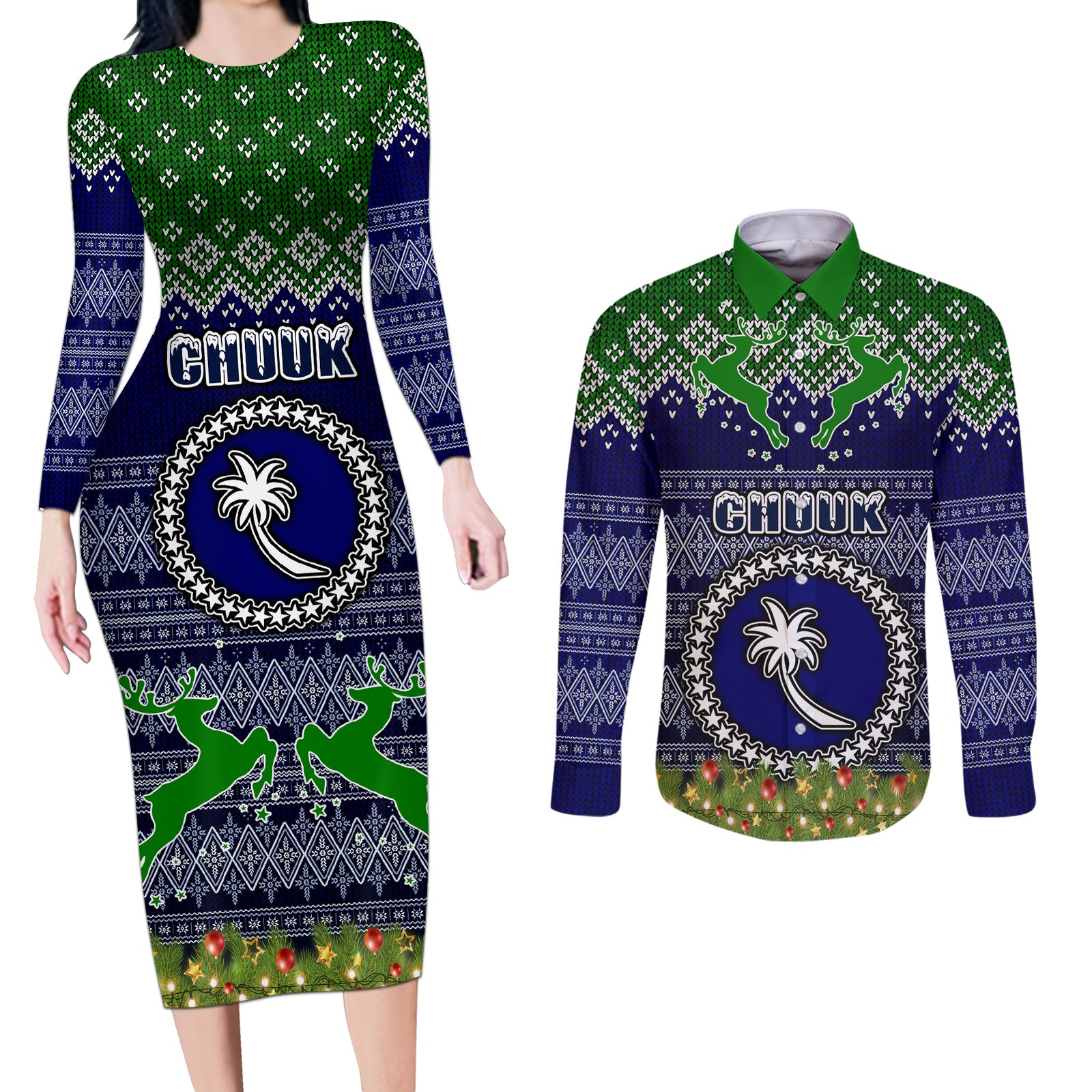 chuuk-state-christmas-couples-matching-long-sleeve-bodycon-dress-and-long-sleeve-button-shirts-coat-of-arms-beautiful-merry-xmas-snowflake