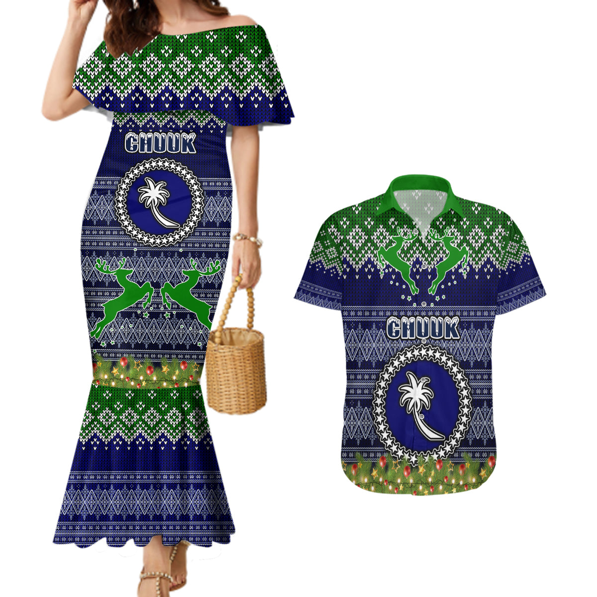 chuuk-state-christmas-couples-matching-mermaid-dress-and-hawaiian-shirt-coat-of-arms-beautiful-merry-xmas-snowflake