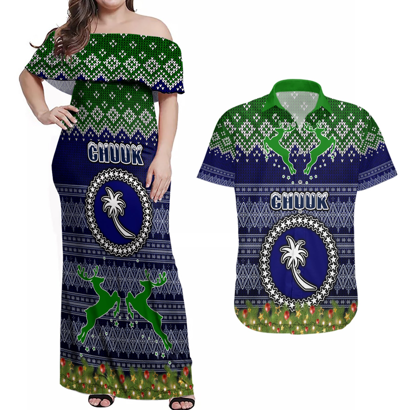 chuuk-state-christmas-couples-matching-off-shoulder-maxi-dress-and-hawaiian-shirt-coat-of-arms-beautiful-merry-xmas-snowflake